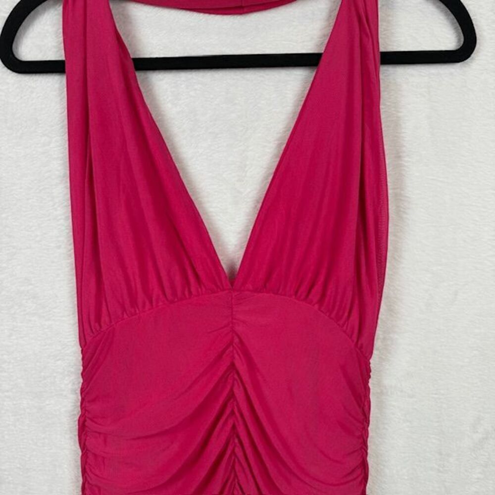Pretty Little Thing Pink‎ Mesh Extreme Plunge Ruched Bodycon Dress Halter Size 4 - Picture 4 of 12